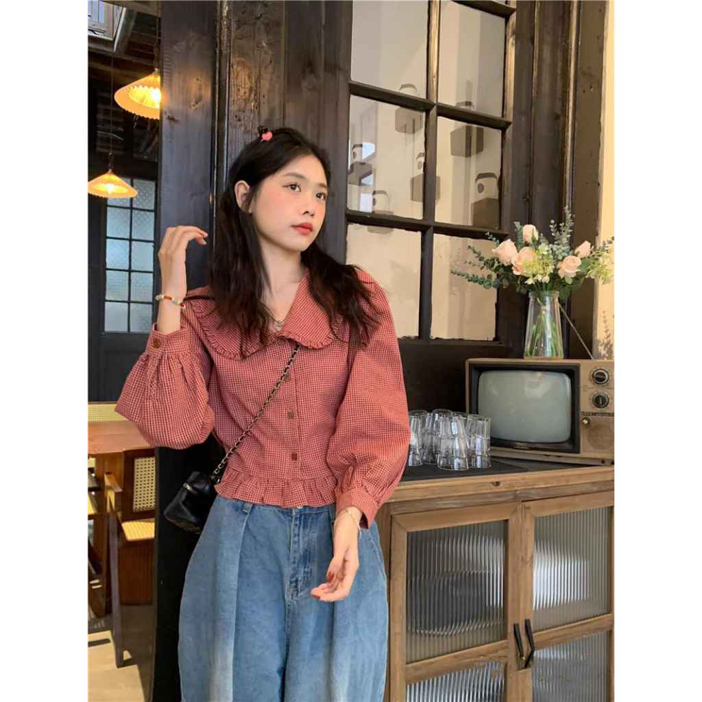 Áo Sơ Mi Nữ Cindy Caro Cổ Viền Bèo Kiểu Dáng Tiểu Thư - Đủ Size S M L