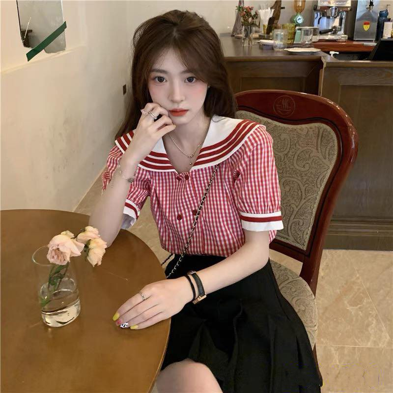 Áo Sơ Mi Lindy Thủy Thủ Caro Đỏ Cổ Trắng Trẻ Trung - Áo Thô Boild Cao Cấp