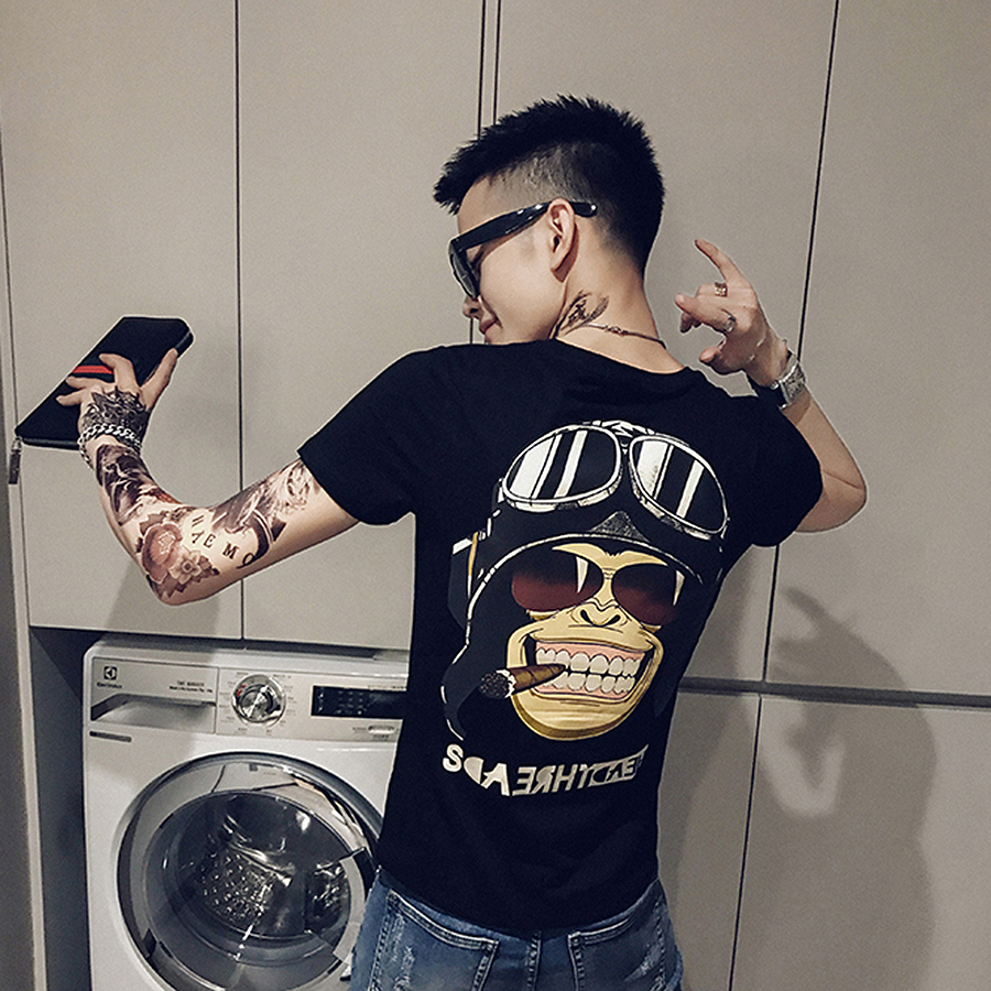 Áo Thun Nam Tay Ngắn, Họa Tiết Đầu Con Khỉ Đội Mũ Phi Cơ, Phong Cách Hot Trend Hè 2023