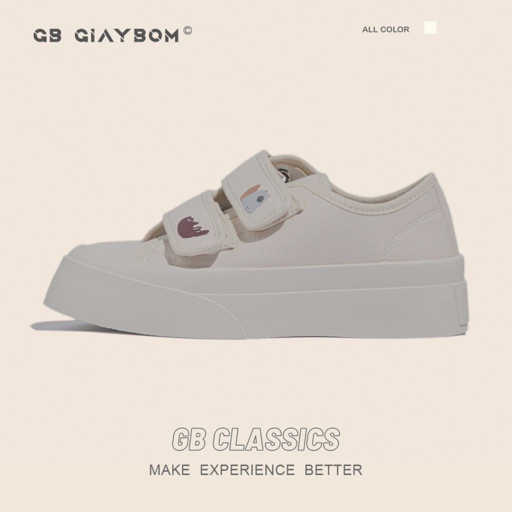 Giày Sneaker Nữ Đế Độn Quai Dán Màu Kem Hoạ Tiết Dễ Thương GiayBOM GB Classics B1837