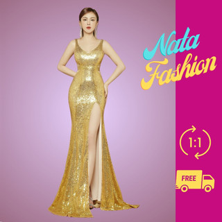 Đầm Dạ Hội Sang Trọng, Đầm Dự Tiệc Dáng Dài Kim Sa Hở Lưng Đính Dây Pha Lê Đá