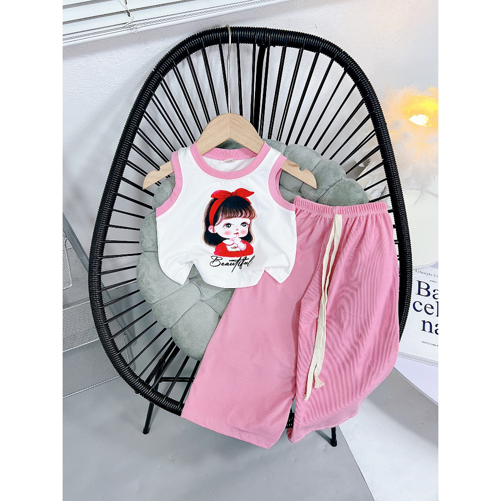 Quần Áo trẻ em _ Set áo sát nách quần suông tăm cho bé gái(8-18Kg)