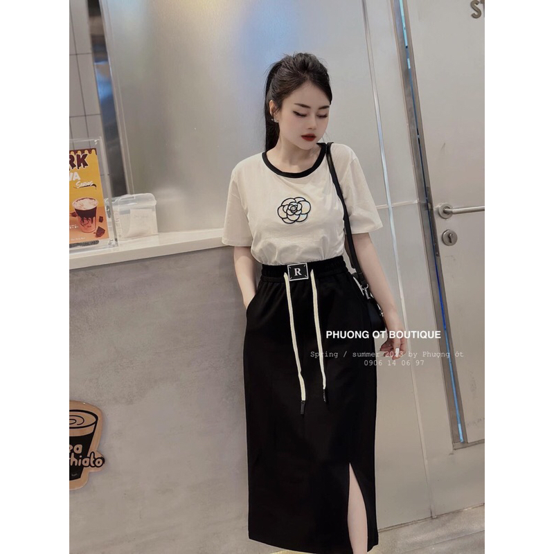 Bán sỉ sét áo bông hoa nổi mix chân váy đen bút chì cho nữ(ảnh thật)