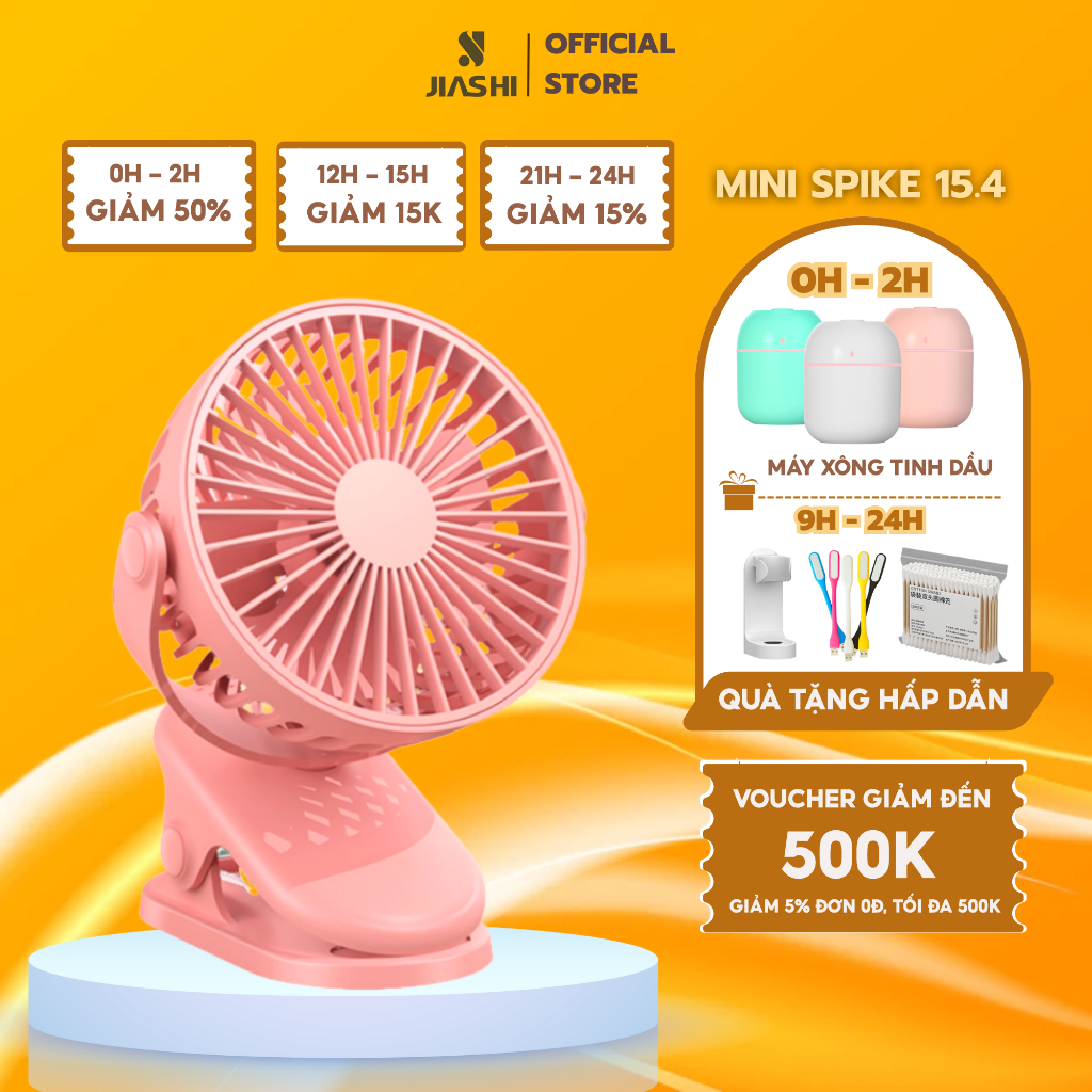 Quạt mini để bàn JIASHI, quạt kẹp tích điện 5 tốc độ gió dung lượng pin lớn 10000mAh 1 lần sạc dùng đến 48H QMN09