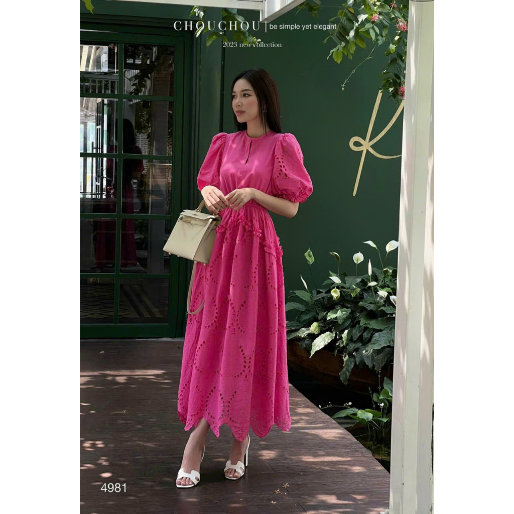 Đầm maxi viền bèo tay phồng, chất xô thêu