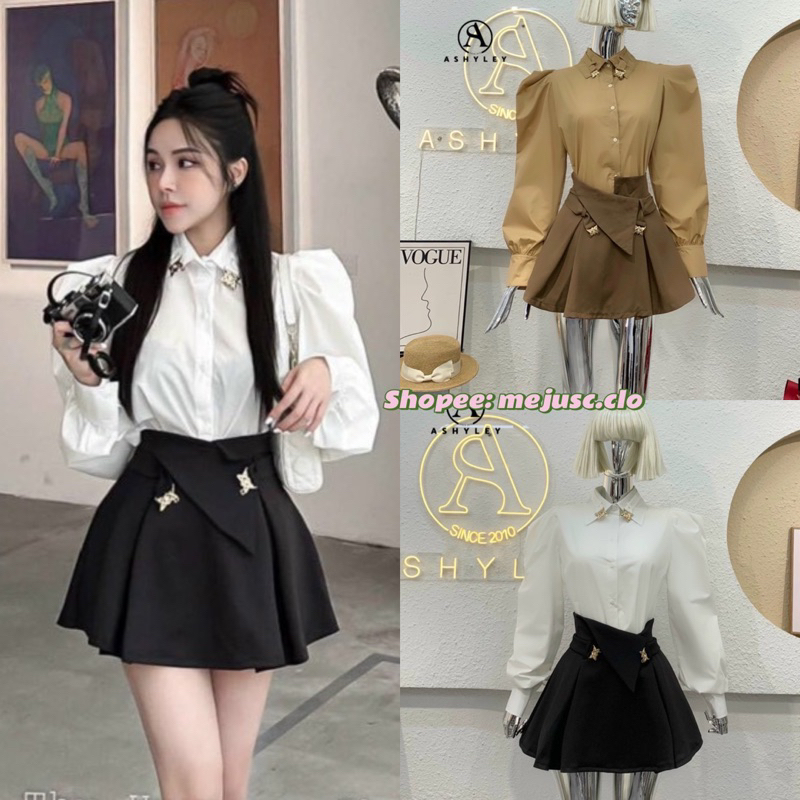 (sẵn đen M )𝑬𝒅𝒔𝒆𝒍 𝑺𝒆𝒕 Ashyley Thiết Kế Áo Sơ Mi Cổ Đính Vạt Đá Mix Chân Váy Xoè Sang Chảnh