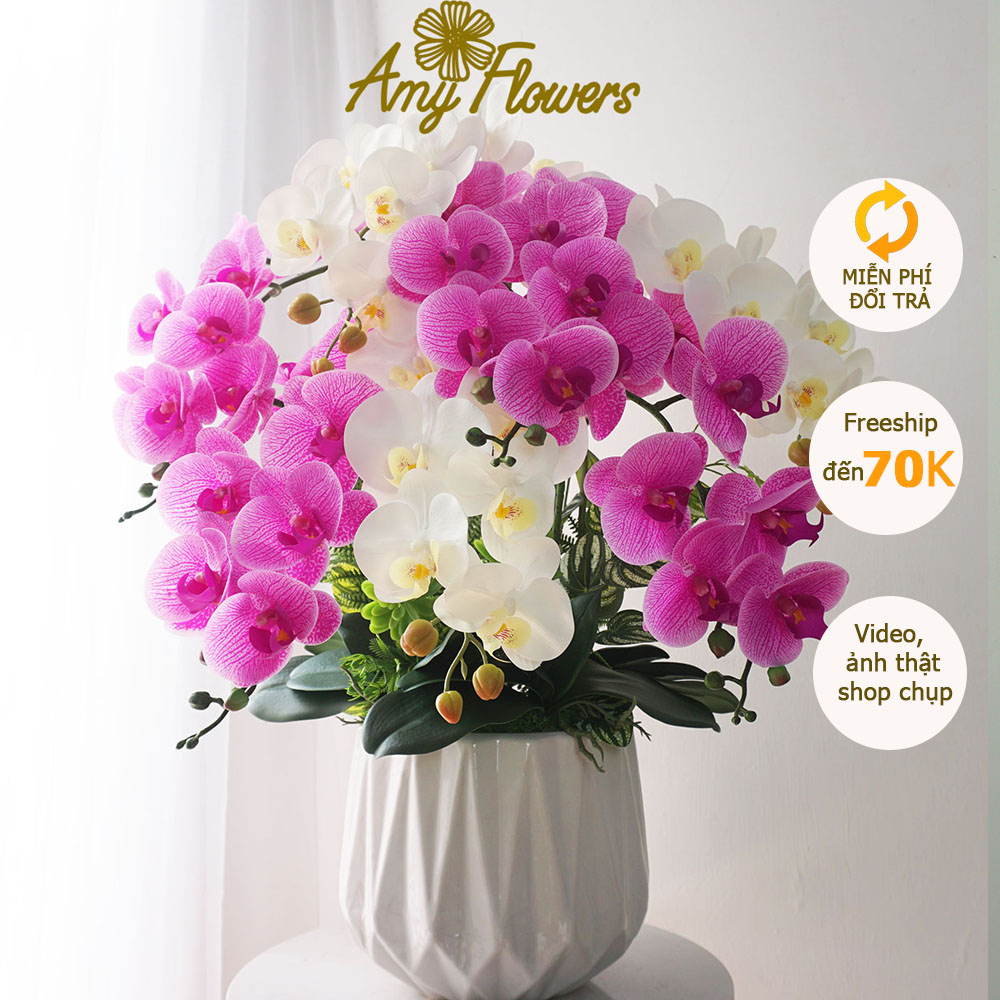 Chậu Lan Giả Cao Cấp - 7 cành Lan Hồ ĐIệp Cao Su 9 bông cắm cùng chậu sứ. Cao 75cm. Ảnh video thật shop chụp.