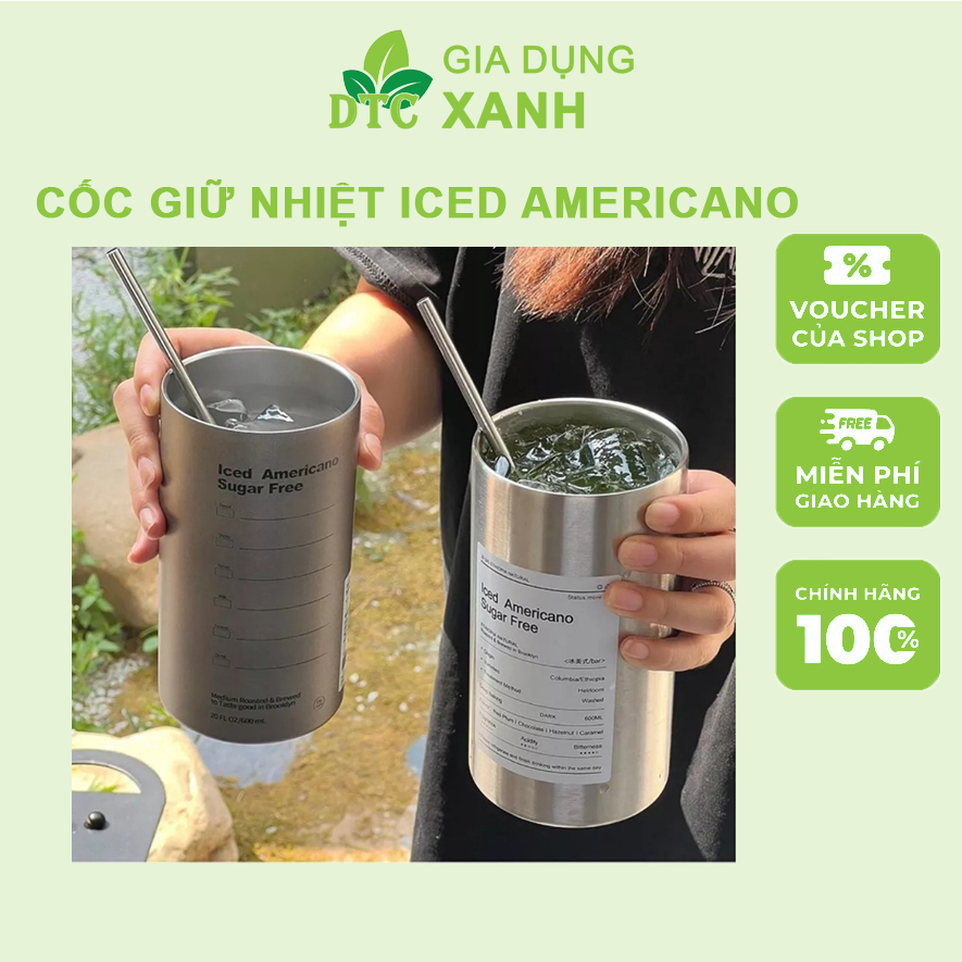 Ly Cốc Giữ Nhiệt Iced Americano Inox 304 Cao Cấp Không, Cốc Uống Nước Giữ Nhiệt Có Ống Hút Ly Uống Coffee 600ML