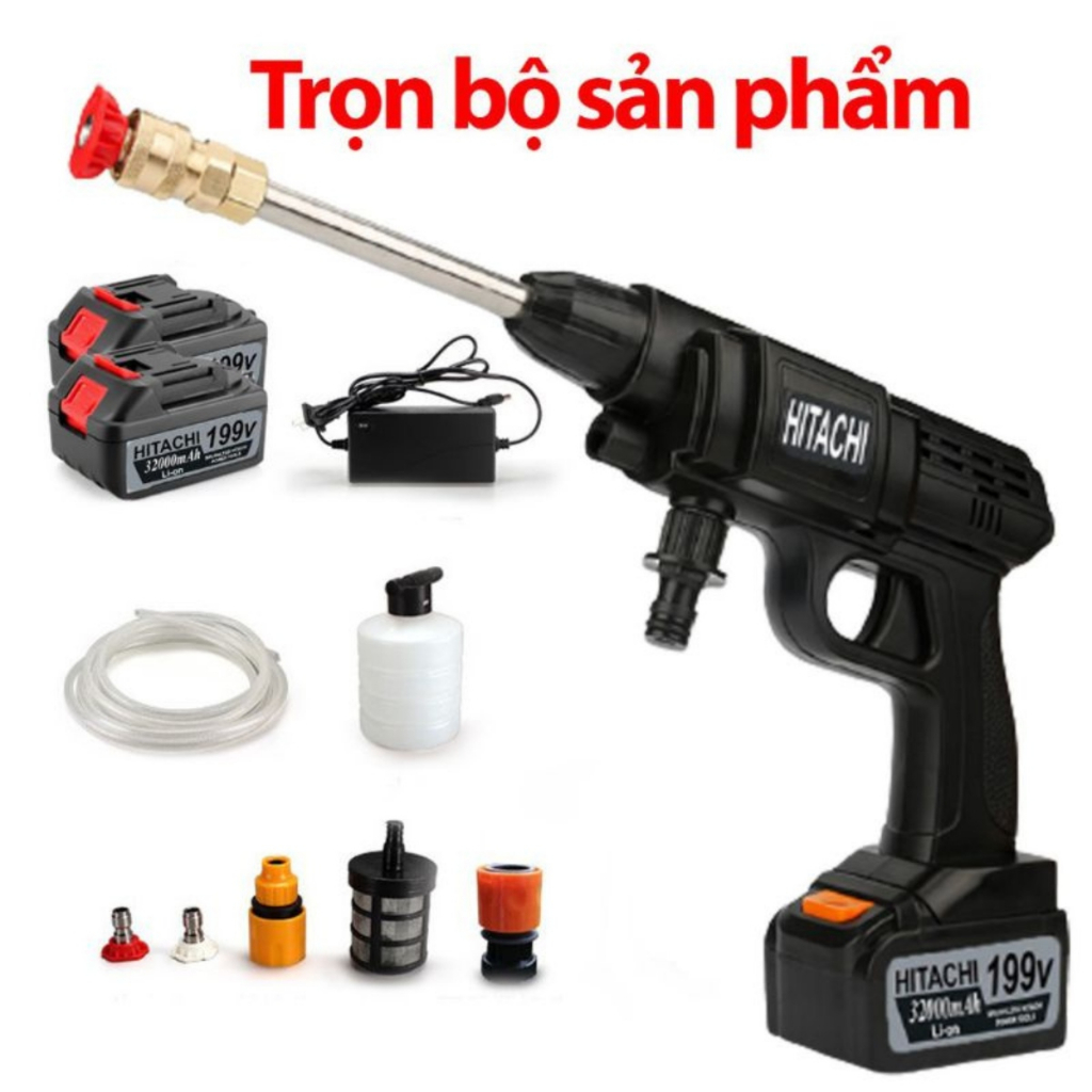 Máy rửa xe HITACHI cao cấp dùng pin (Tặng kèm Máy rửa xe 2 pin khủng 199v)