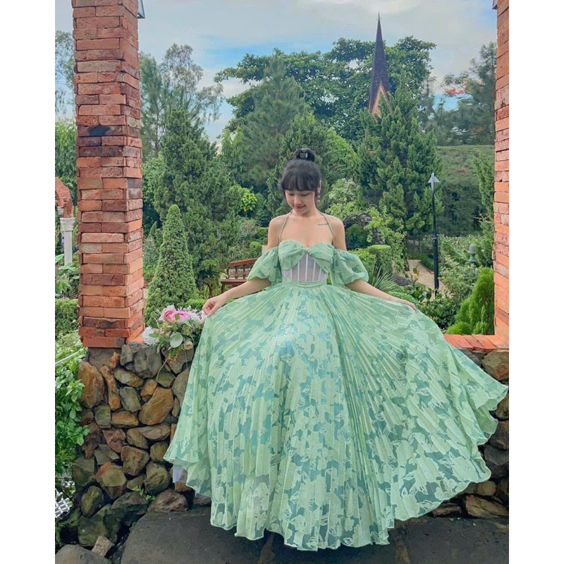 Đầm maxi dập ly hoa xanh rớt vai lưới eo Váy đi chơi dạo phố chụp hình du lịch Đà Lạt vườn hoa đi biển sexy sang trọng