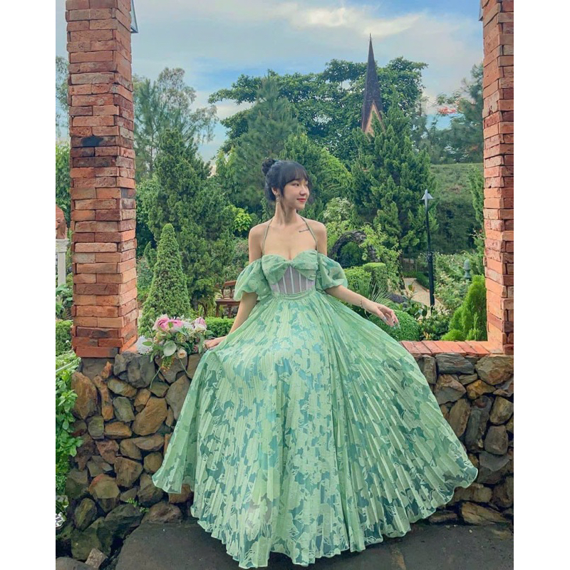 Đầm maxi dập ly hoa xanh rớt vai lưới eo Váy đi chơi dạo phố chụp hình du lịch Đà Lạt vườn hoa đi biển sexy sang trọng