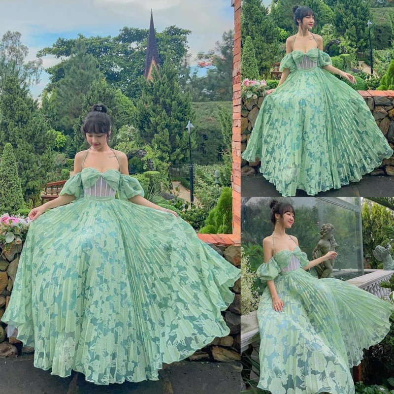 Đầm maxi dập ly hoa xanh rớt vai lưới eo Váy đi chơi dạo phố chụp hình du lịch Đà Lạt vườn hoa đi biển sexy sang trọng