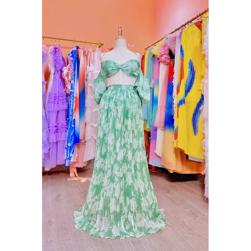 Đầm maxi dập ly hoa xanh rớt vai lưới eo Váy đi chơi dạo phố chụp hình du lịch Đà Lạt vườn hoa đi biển sexy sang trọng