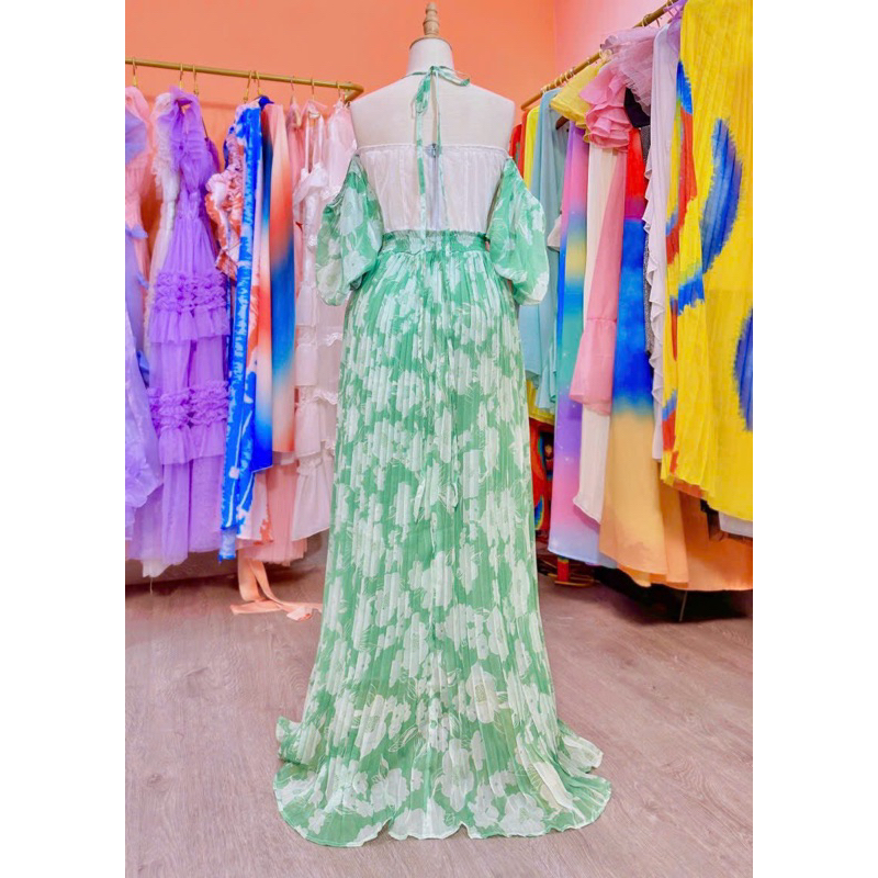 Đầm maxi dập ly hoa xanh rớt vai lưới eo Váy đi chơi dạo phố chụp hình du lịch Đà Lạt vườn hoa đi biển sexy sang trọng