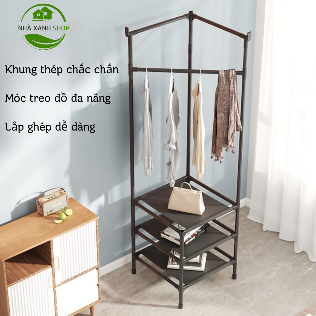 Kệ để đồ đa năng chữ V lắp ghép, kệ góc tường để đồ 2 tầng có chỗ treo quần áo, khung hợp kim thép cao cấp chịu lực tốt