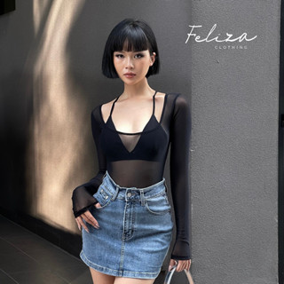 Áo thun lưới nữ xuyên thấu cổ U tay dài phối bra 2 dây quyến rũ – Feliza Clothing