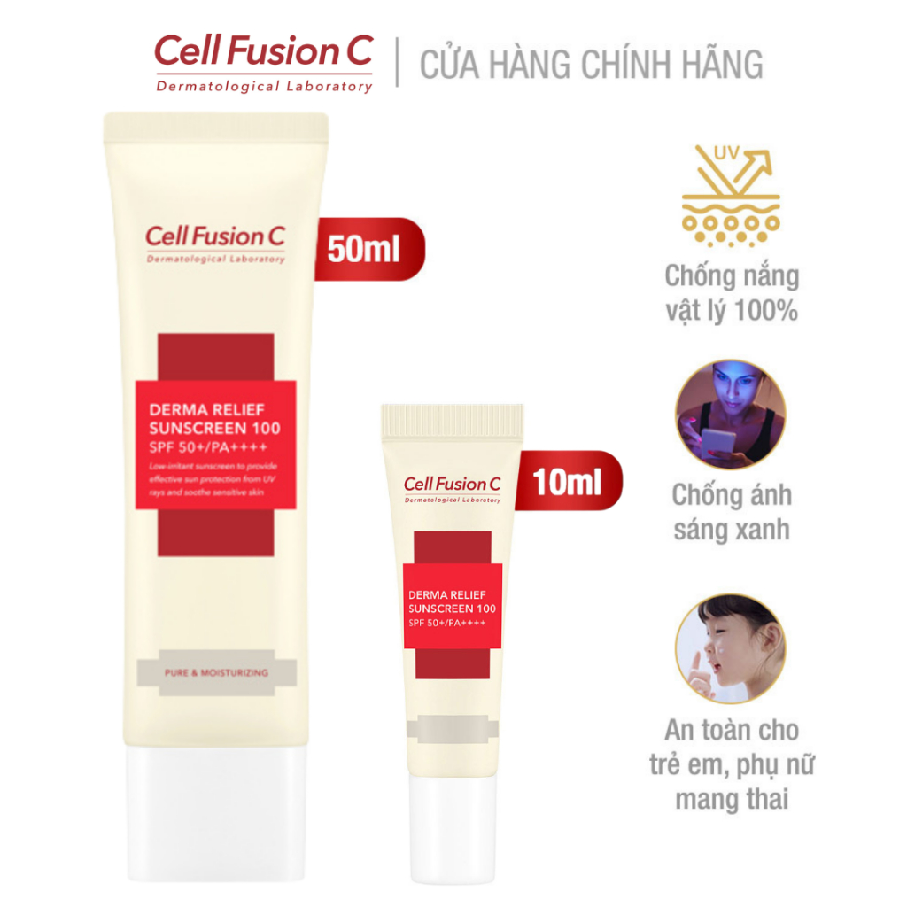 Kem Chống Nắng Thuần Vật Lý Chống Ánh Sáng Xanh Cho Da Nhạy Cảm Cell Fusion C Derma Relief Sunscreen 100 SPF 50+/PA++++