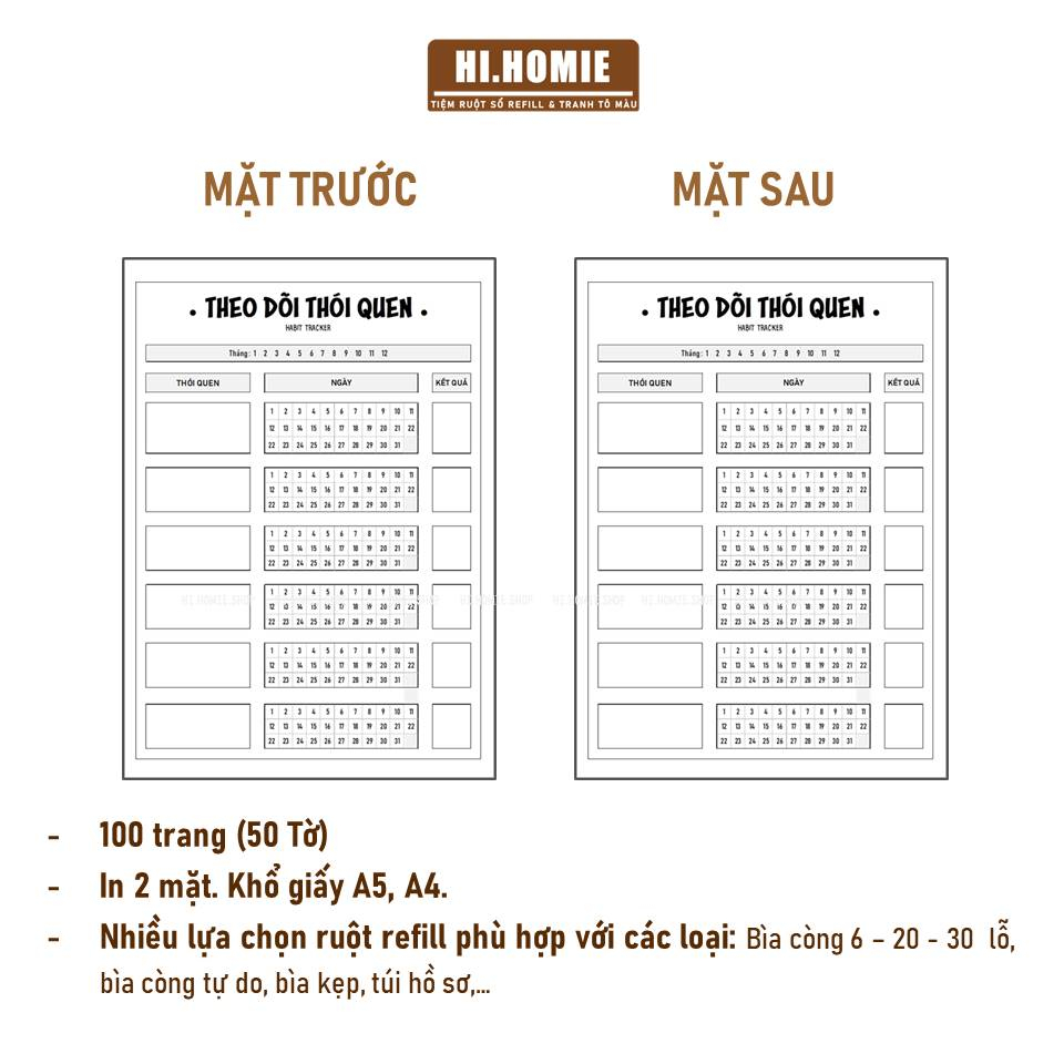 Habit Tracker - Sổ tay tạo thói quen mới | 100 trang Giấy refill, ruột sổ còng | A5, A4, B5 - Hi Homie