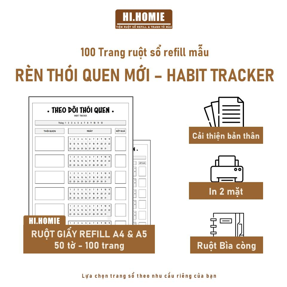 Habit Tracker - Sổ tay tạo thói quen mới | 100 trang Giấy refill, ruột sổ còng | A5, A4, B5 - Hi Homie