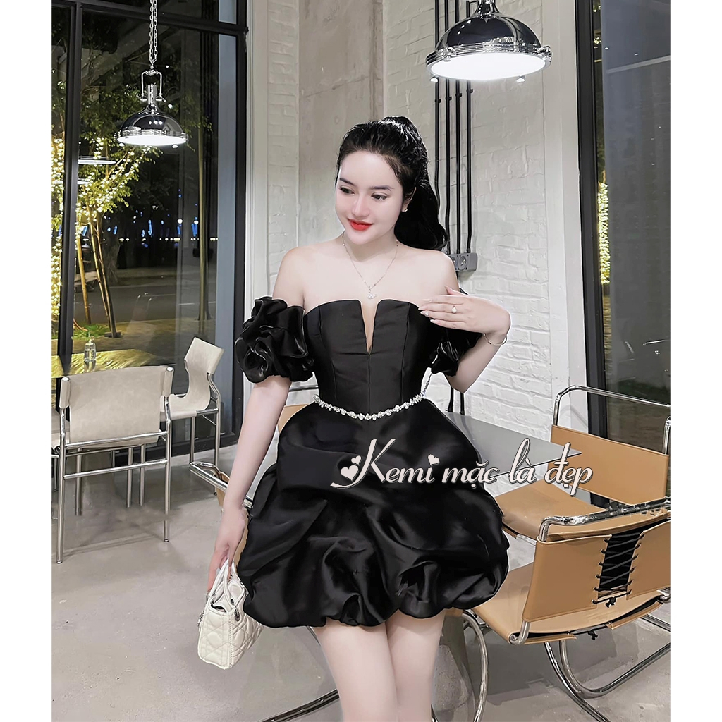 Đầm nữ trễ vai khoét ngực lưới đính đá  dáng váy trắng bồng bềnh chất Tafta cao cấp Kemi mặc là đẹp
