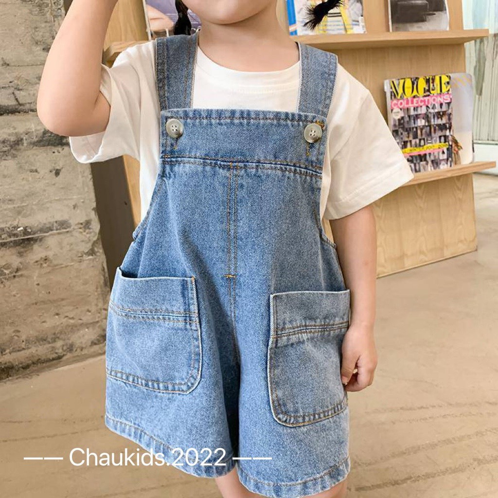 Yếm Jean Bé Gái, Set Yếm 2 Chi Tiết Cho Bé Gái, Set Yếm Bò Xanh Kèm Áo Trắng Cotton Cộc Tay, Yếm Bé Gái S02001