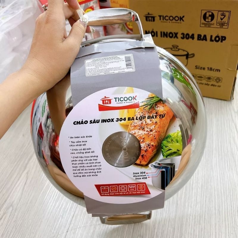 Chảo 2 quai inox 304 BA LỚP ĐÁY TỪ TICOOK - Chảo 2 quai sâu inox