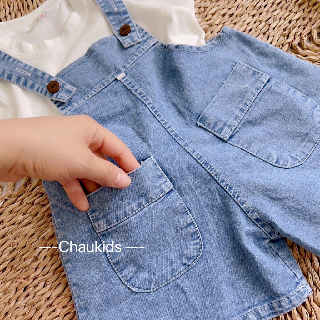 Yếm Jean Bé Gái, Set Yếm 2 Chi Tiết Cho Bé Gái, Set Yếm Bò Xanh Kèm Áo Trắng Cotton Cộc Tay, Yếm Bé Gái S02001