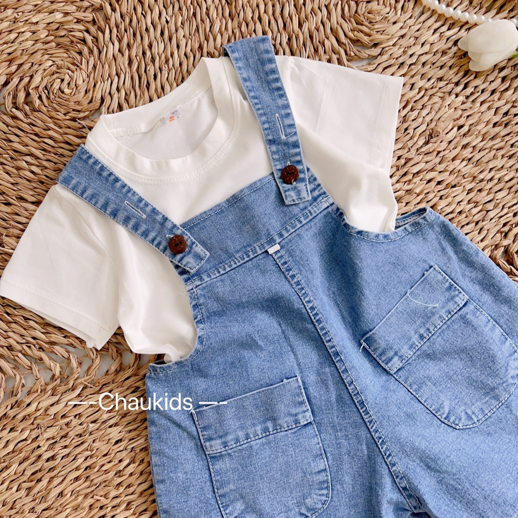 Yếm Jean Bé Gái, Set Yếm 2 Chi Tiết Cho Bé Gái, Set Yếm Bò Xanh Kèm Áo Trắng Cotton Cộc Tay, Yếm Bé Gái S02001