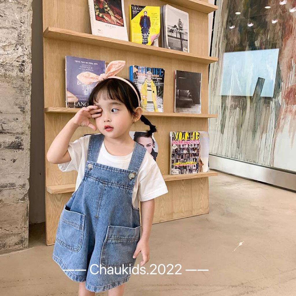 Yếm Jean Bé Gái, Set Yếm 2 Chi Tiết Cho Bé Gái, Set Yếm Bò Xanh Kèm Áo Trắng Cotton Cộc Tay, Yếm Bé Gái S02001