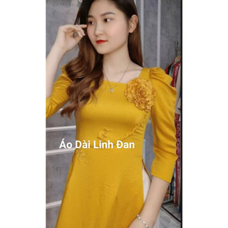Áo dài lụa tây thi cổ vuông tay phồng kết hoa - Áo Dài Linh Đan