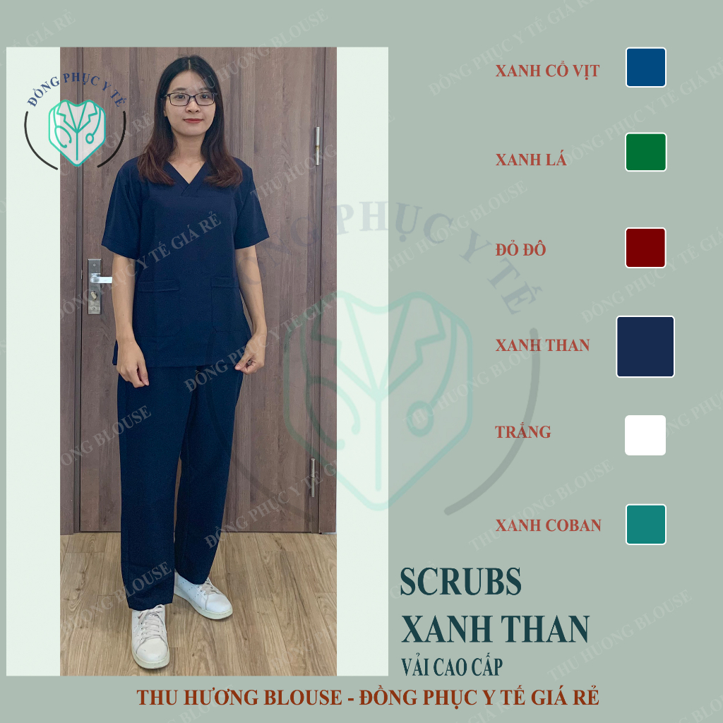 Bộ Scrubs cổ tim phòng mổ, đồng phục Spa, phòng khám, Bác Sĩ màu XANH THAN, đồng phục phẫu thuật COTTON CAO CẤP