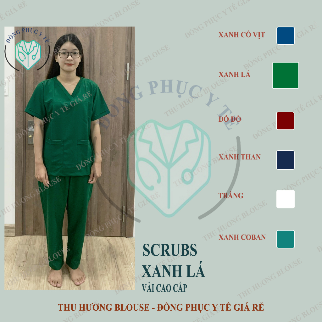 Bộ Scrubs Bác Sĩ Cao Cấp Màu Xanh Lá Cây, Y Tế Bộ Đồ Cổ Tim Vải Cotton