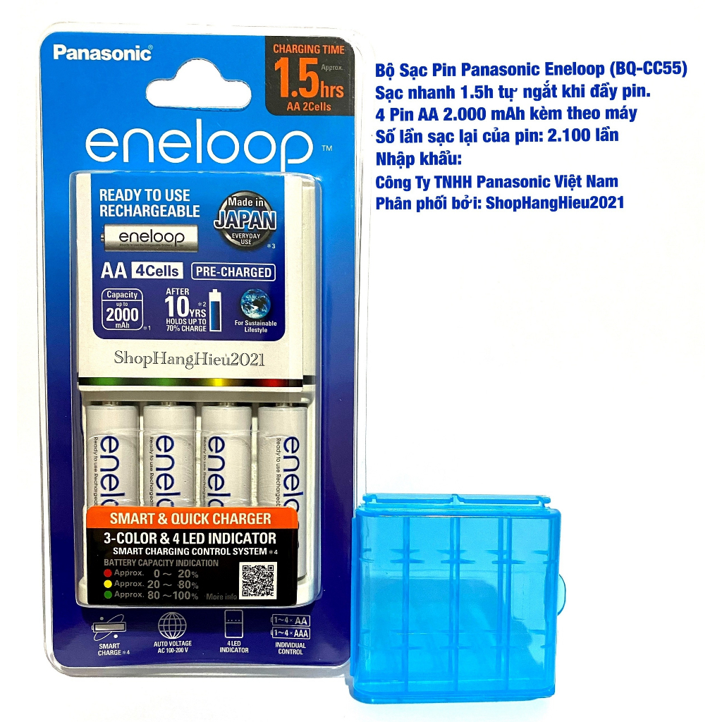 Bộ Sạc Panasonic Eneloop BQ-CC55 Kèm 4 Pin Sạc AA Eneloop Panasonic 2.000mAh (K-KJ55MCC40V) Hàng Chính Hãng BH 12 Tháng