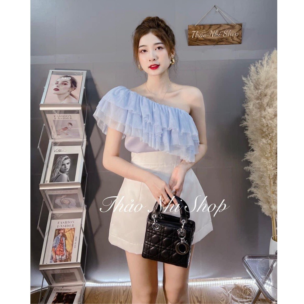 Set Áo Xanh Lệch Vai Cổ Bồng Xếp Tầng Kèm Chân Váy Trắng Chất Vải Mềm Mại, Thoải Mái MELLYSTORE