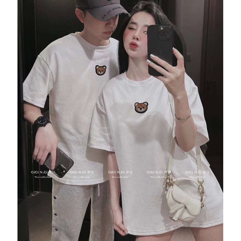 Áo đôi trơn chất thun cotton hình gấu thêu trước ngực ( ảnh thật chụp sàn)