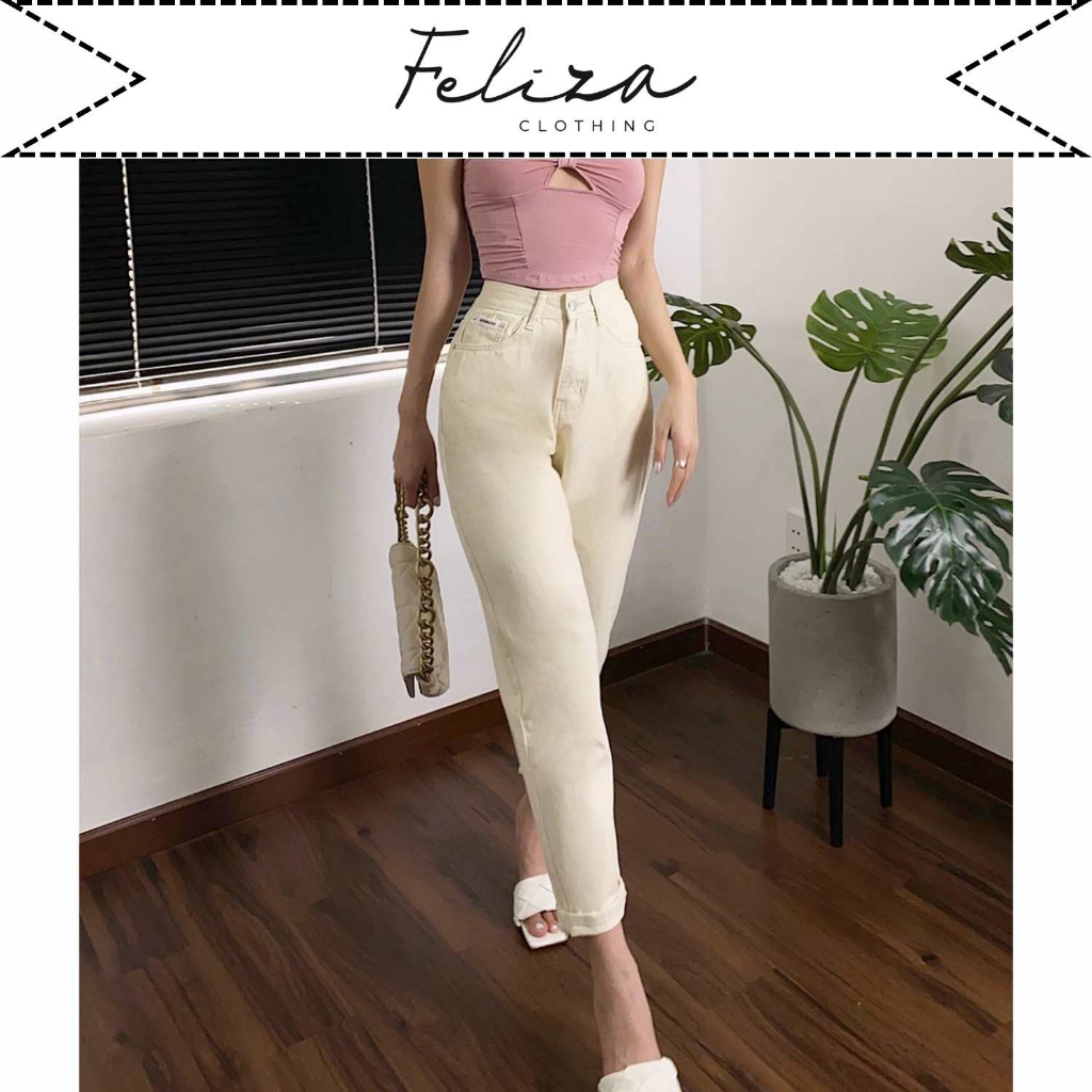 Quần baggy jean kem dài nữ ống đứng lưng cao dáng basic – Feliza Clothing