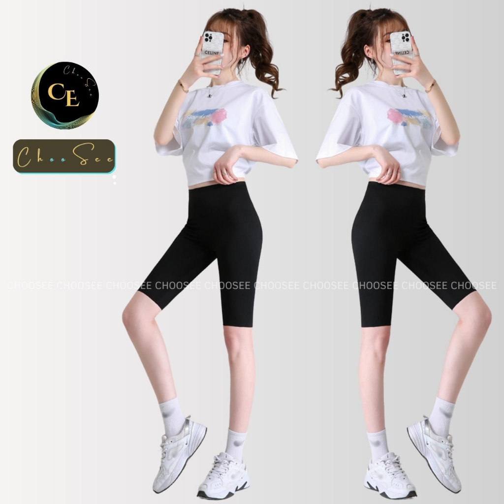 Quần legging nữ lửng Choosee vải thun cao cấp biker nữ đùi ngố đồ mặc nhà dáng ôm bó lưng cao tập gym yoga CHS242