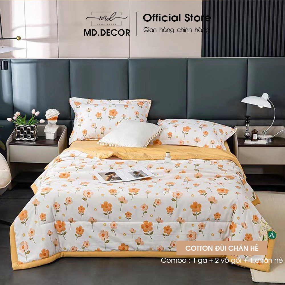 Bộ chăn ga gối Cotton đũi MD.DECOR - Bedding họa tiết dễ thương mềm mát thấm hút tốt Drap bọc nệm M4 M6 M8