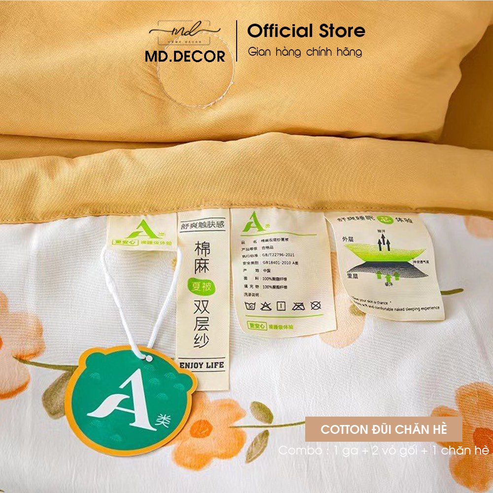 Bộ chăn ga gối Cotton đũi MD.DECOR - Bedding họa tiết dễ thương mềm mát thấm hút tốt Drap bọc nệm M4 M6 M8