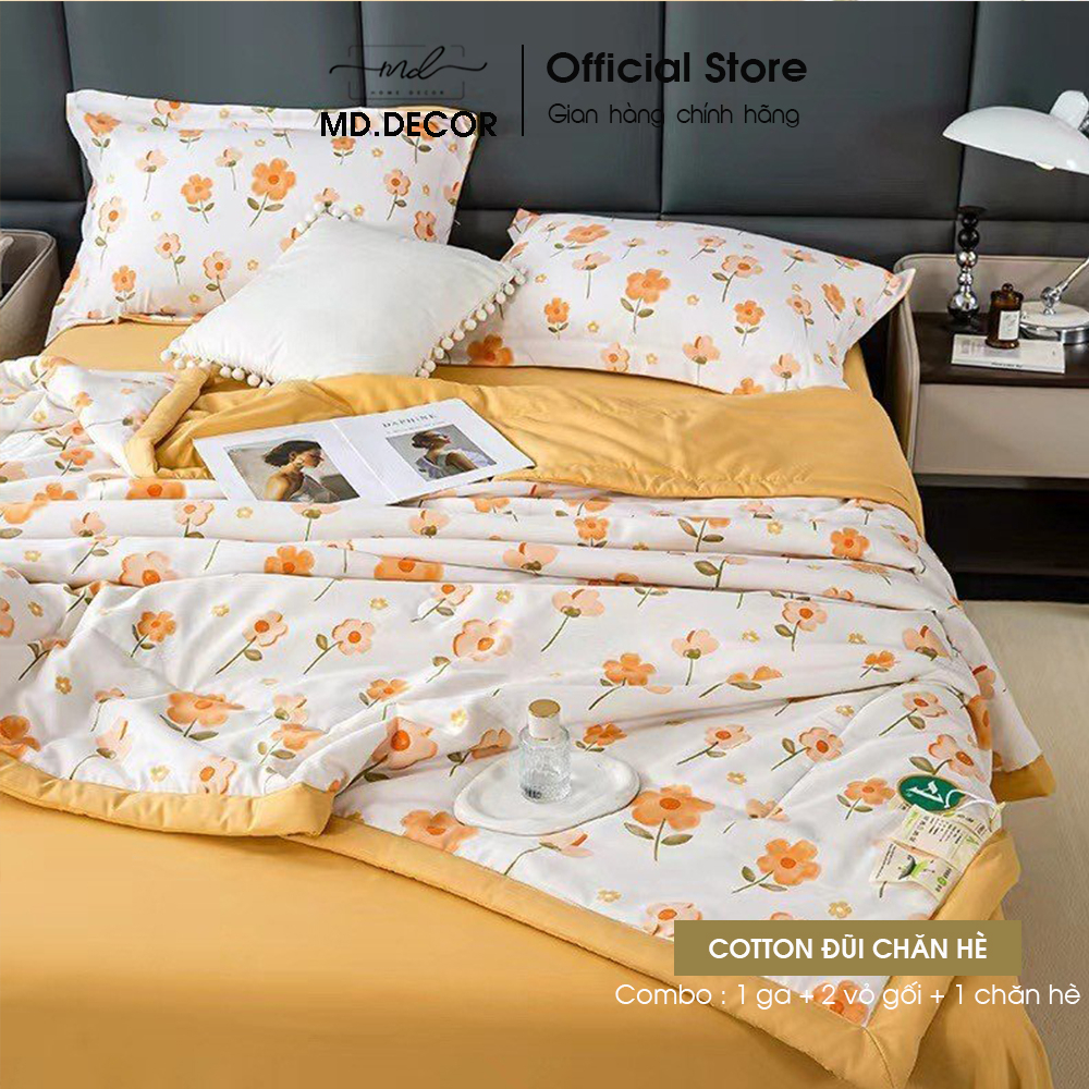 Bộ chăn ga gối Cotton đũi MD.DECOR - Bedding họa tiết dễ thương mềm mát thấm hút tốt Drap bọc nệm M4 M6 M8