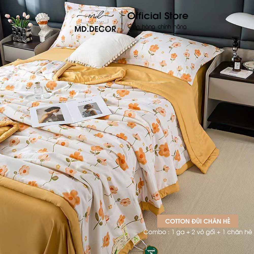 Bộ chăn ga gối Cotton đũi MD.DECOR - Bedding họa tiết dễ thương mềm mát thấm hút tốt Drap bọc nệm M4 M6 M8