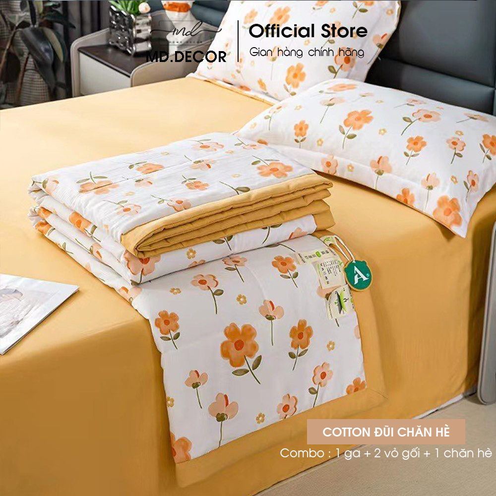 Bộ chăn ga gối Cotton đũi MD.DECOR - Bedding họa tiết dễ thương mềm mát thấm hút tốt Drap bọc nệm M4 M6 M8
