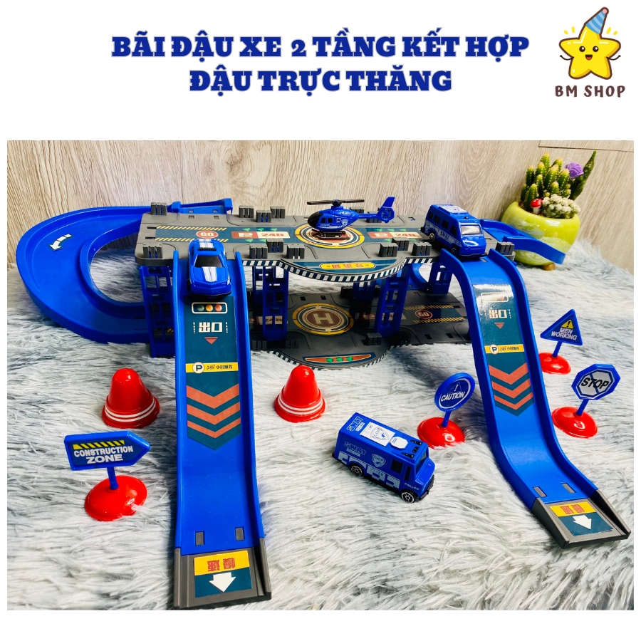 Bãi đậu xe mô hình kết hợp hạ cánh máy bay trực thăng hai tầng nhựa ABS an toàn cho bé