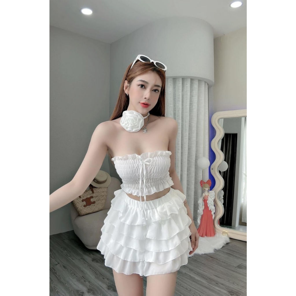 Set đồ nữ đi chơi cá tính sexy với set chân váy có lót xếp tầng kèm áo bara kiểu nữ moking mix hoa cổ