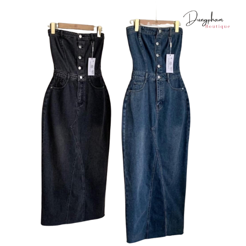 Váy đầm jean thân dài ôm body cúp ngực có chun lưng và xẻ sau hàng Quảng Châu - Dungpham.Boutique