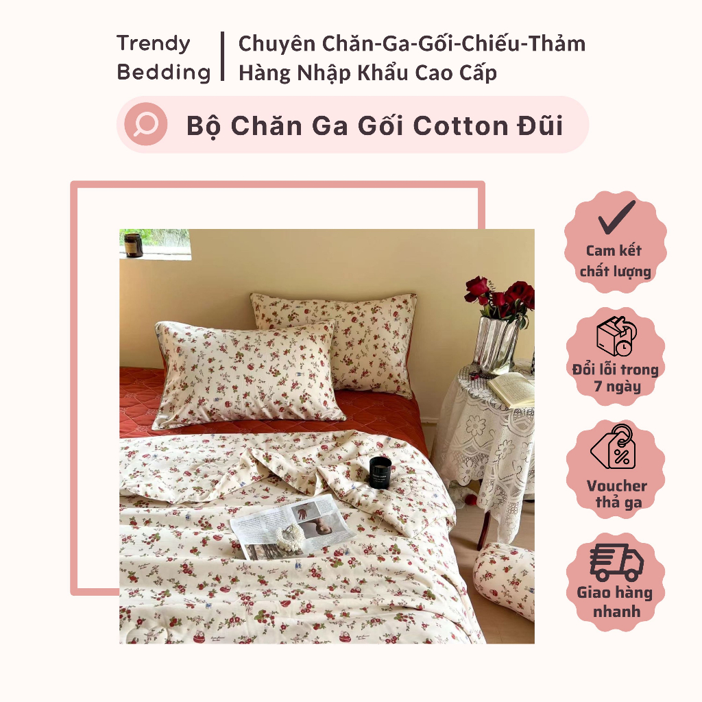Bộ Chăn Ga Gối Cotton 5 món - Bộ Cotton Đũi chăn, ga trần bông phong cách Vintage nhập khẩu cao cấp - Mẫu cherry nhí