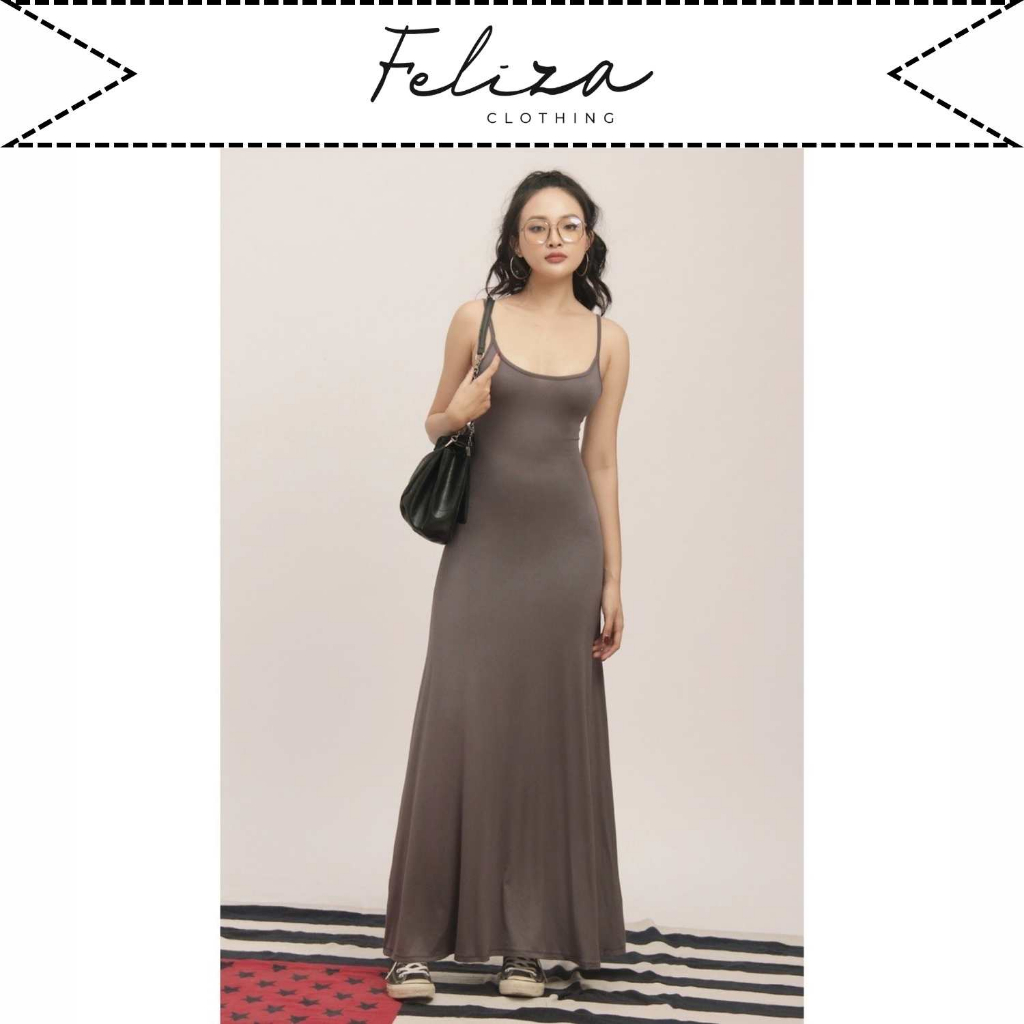 Đầm maxi 2 dây nữ cổ U tùng xòe dài trơn đơn giản, quyến rũ – Feliza Clothing