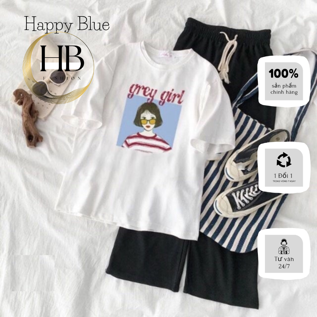 Set Đồ Bộ Nữ Happy blue Mặc 4 Mùa ,Mặc Ở Nhà ,Đi Chơi, Đi Học, Áo Phông Thun Nữ Cotton In Độc Lạ Mix Quần thun Ống Rộng