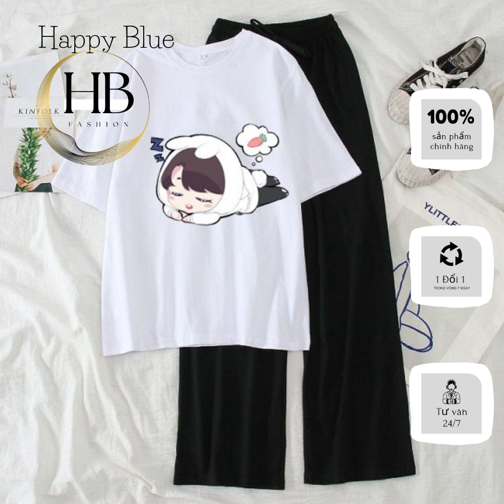 Set Đồ Bộ Nữ Happy blue Mặc 4 Mùa ,Mặc Ở Nhà ,Đi Chơi, Đi Học, Áo Phông Thun Nữ Cotton In Độc Lạ Mix Quần thun Ống Rộng