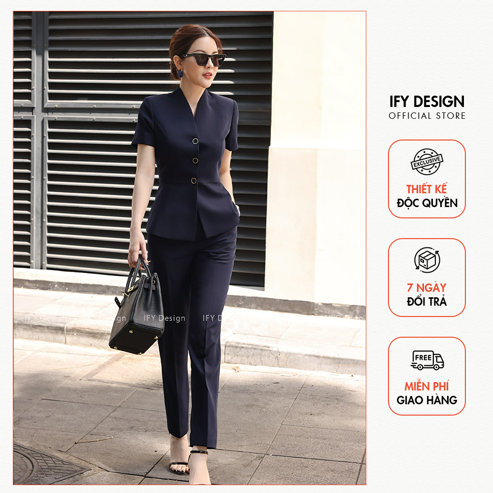 Set áo vest nữ dáng ôm xòe cổ leo, quần dài nữ công sở cao cấp thương hiệu IFY - FS322